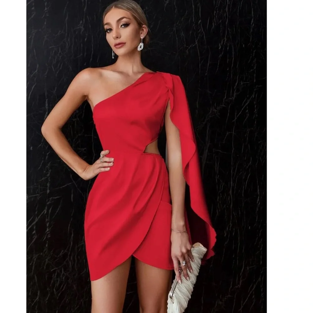 Rebellious Rose One-Shoulder Red Mini Dress - Picture 2 of 4